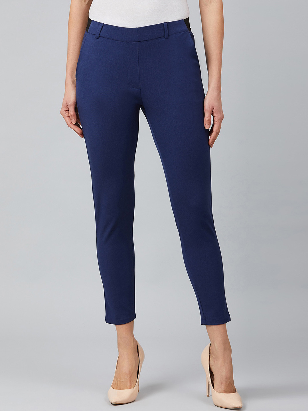 Marie Claire Women Blue Slim Fit Solid Cigarette Trousers