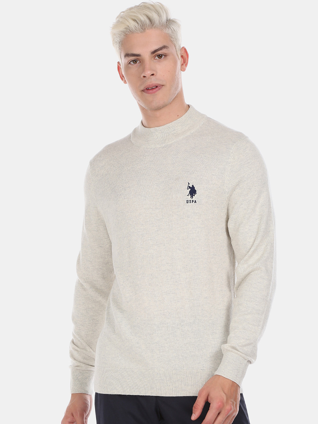 U.S. Polo Assn. Men Beige Solid Pullover Sweater