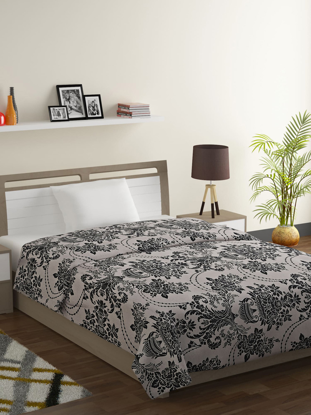 SWAYAM Grey & Black Floral Mild Winter 150 GSM Single Bed Comforter