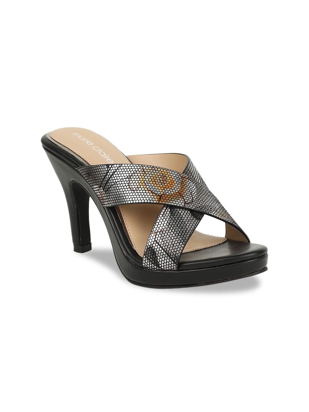 Marie Claire Women Black & Grey Floral Printed Embellished Heels