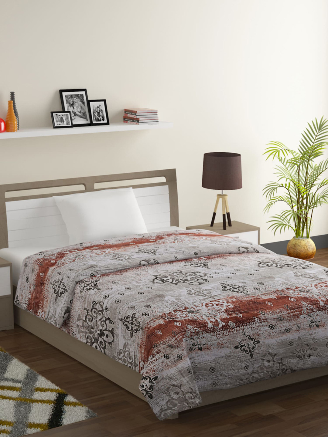 SWAYAM Grey & Brown Floral Mild Winter 150 GSM Single Bed Comforter