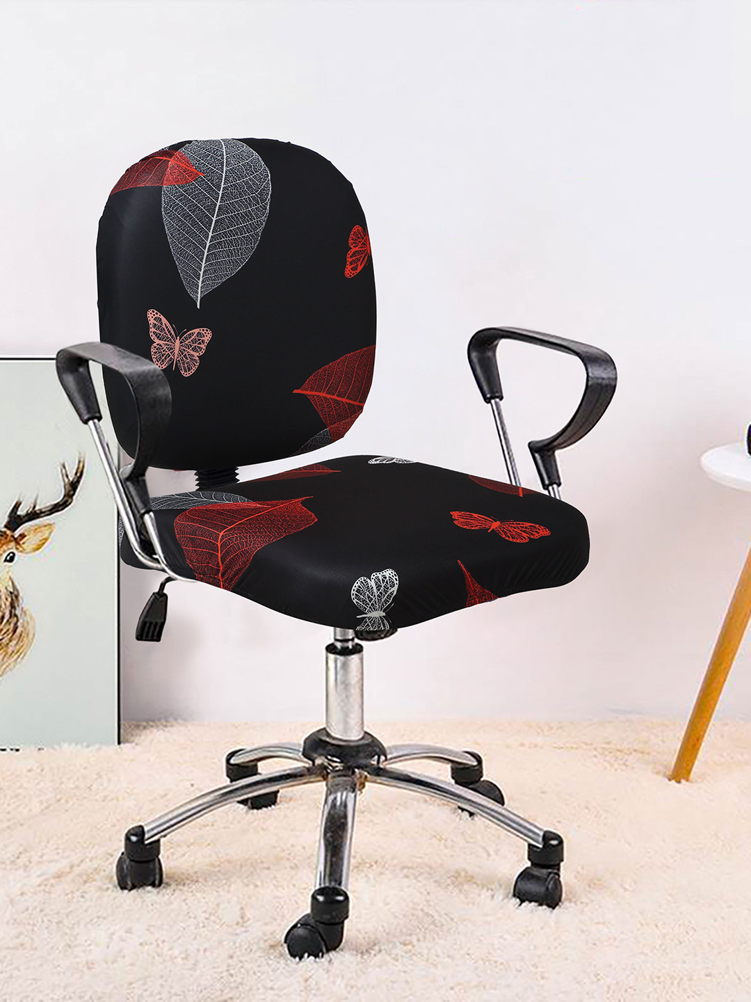 Cortina Set of 4 Black & Red Printed Stretchable Office Chair Cover
