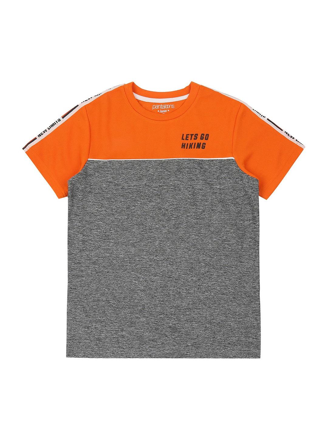 Pantaloons Junior Boys Orange  Grey Colourblocked Round Neck Pure Cotton T-shirt
