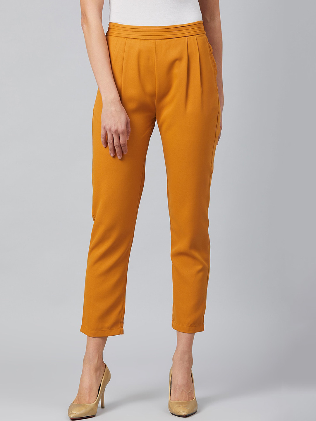 Marie Claire Women Mustard Tapered Fit Solid Cigarette Trousers