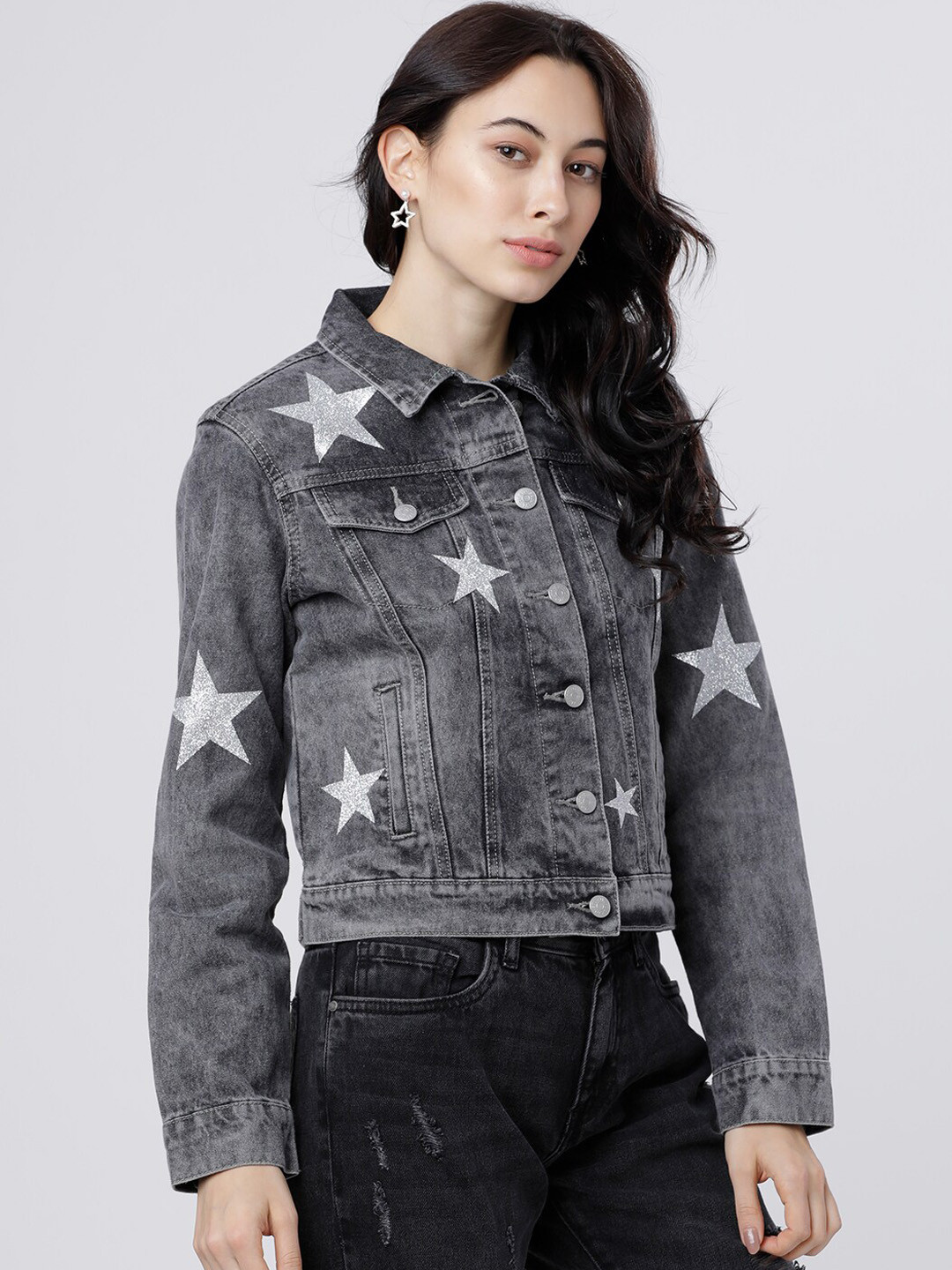 Tokyo Talkies Women Grey Printed Denim Jacket