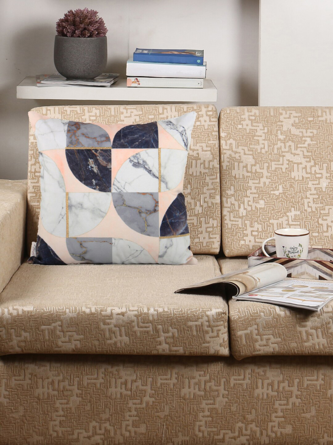 Sivya Printed White Marble Polyester Washable Embroidered Square Cushion Cover -16x16In