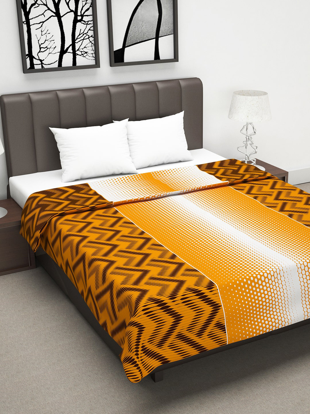 Divine Casa Orange & Brown Abstract AC Room 120 GSM Double Bed Dohar