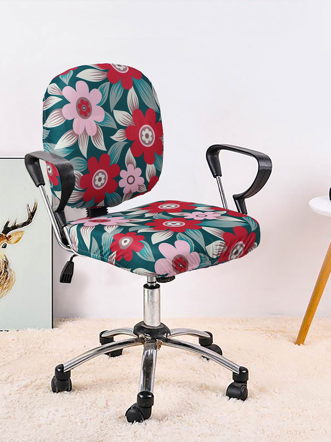 Cortina Teal Green & Pink Floral Printed Chair Cover