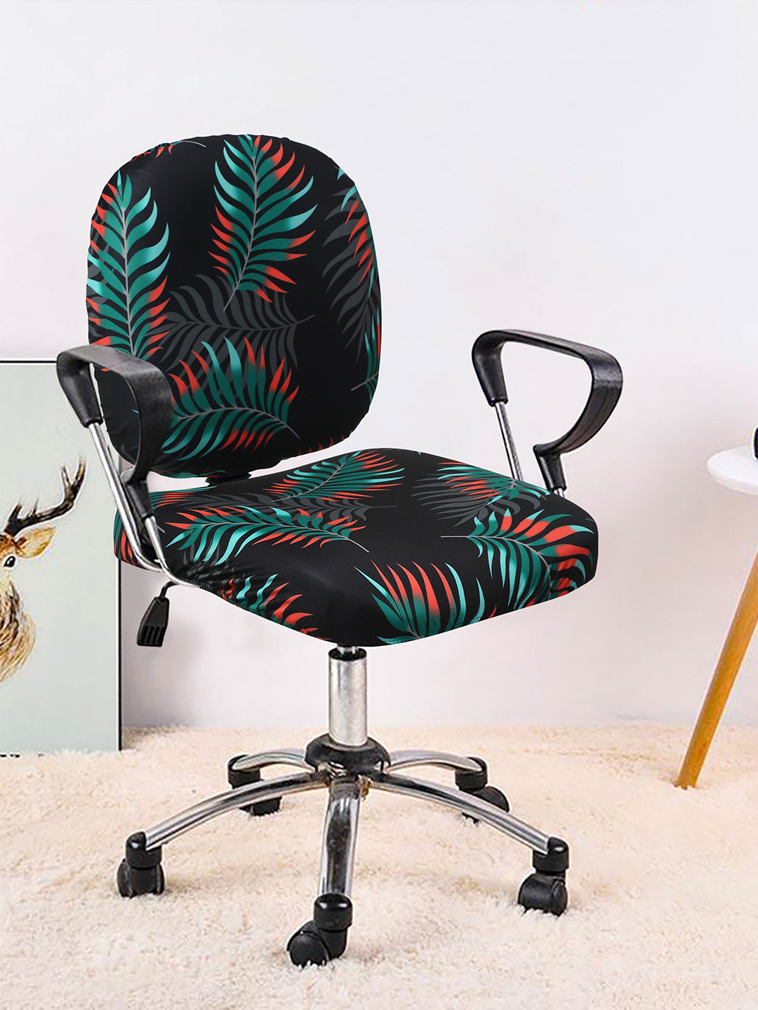 Cortina Set of 4 Black Printed Stretchable Office Chair Cover