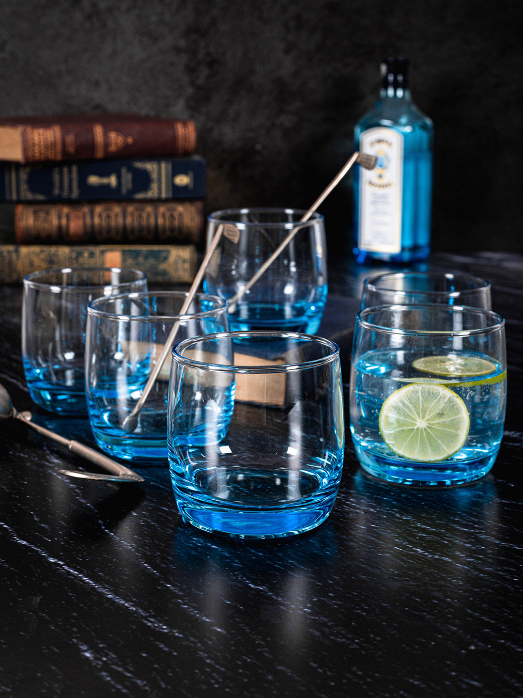 GOODHOMES Set Of 6 Transparent & Blue Solid Glass Tumblers