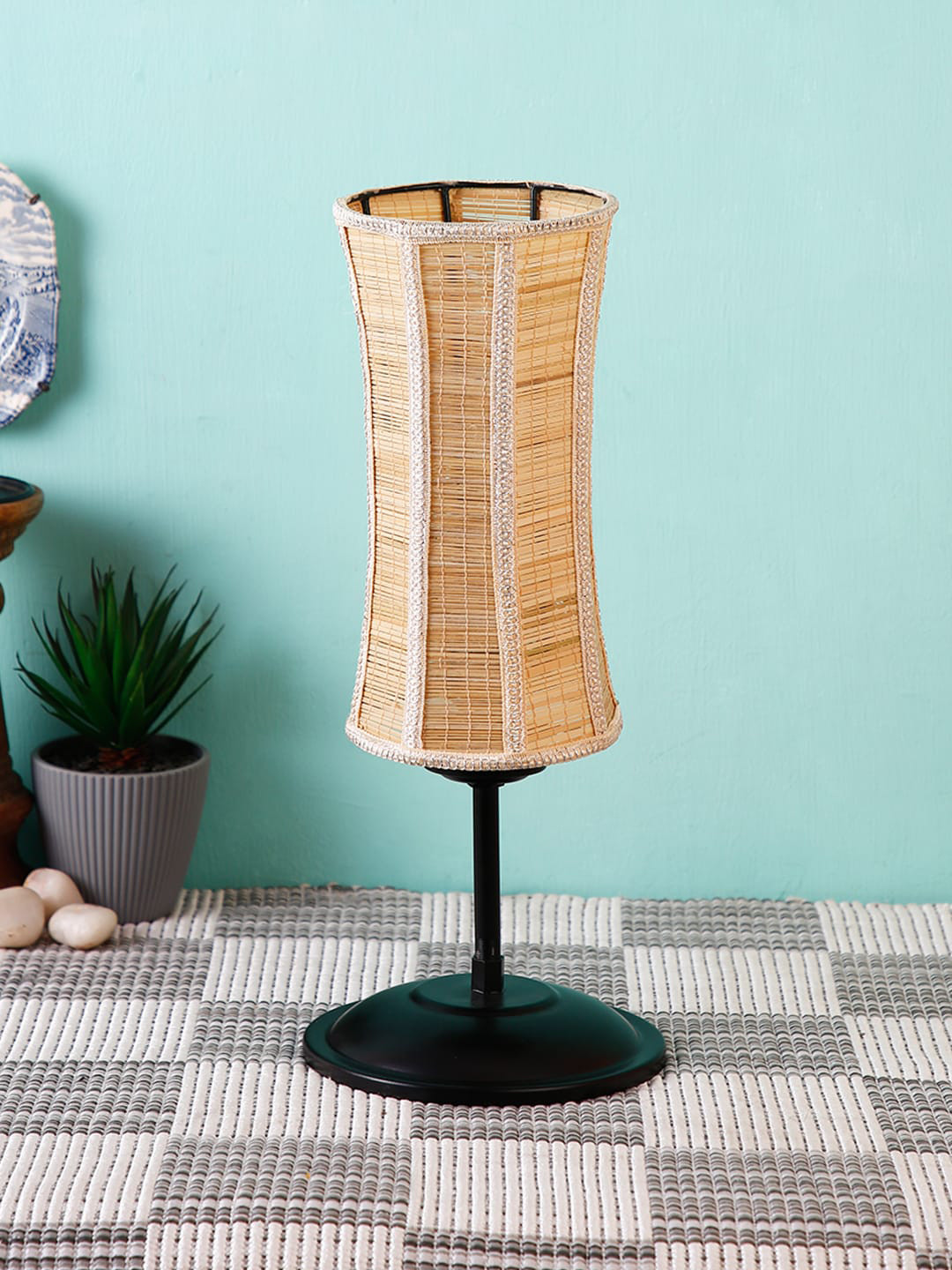 Devansh Beige & Black Solid Damru Bamboo Table Lamp