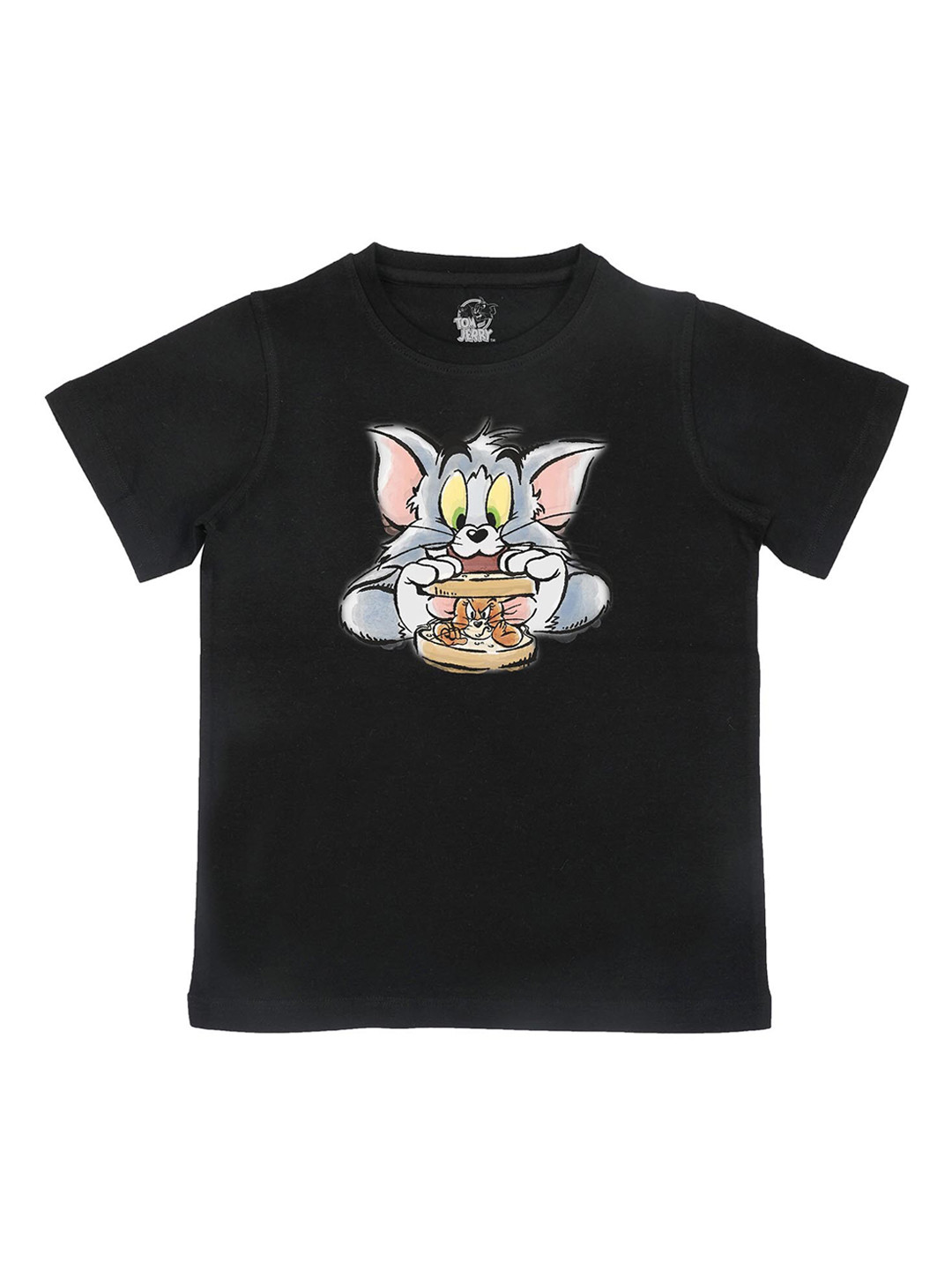 Tom  Jerry Boys Black Tom  Jerry Printed Round Neck Pure Cotton T-shirt