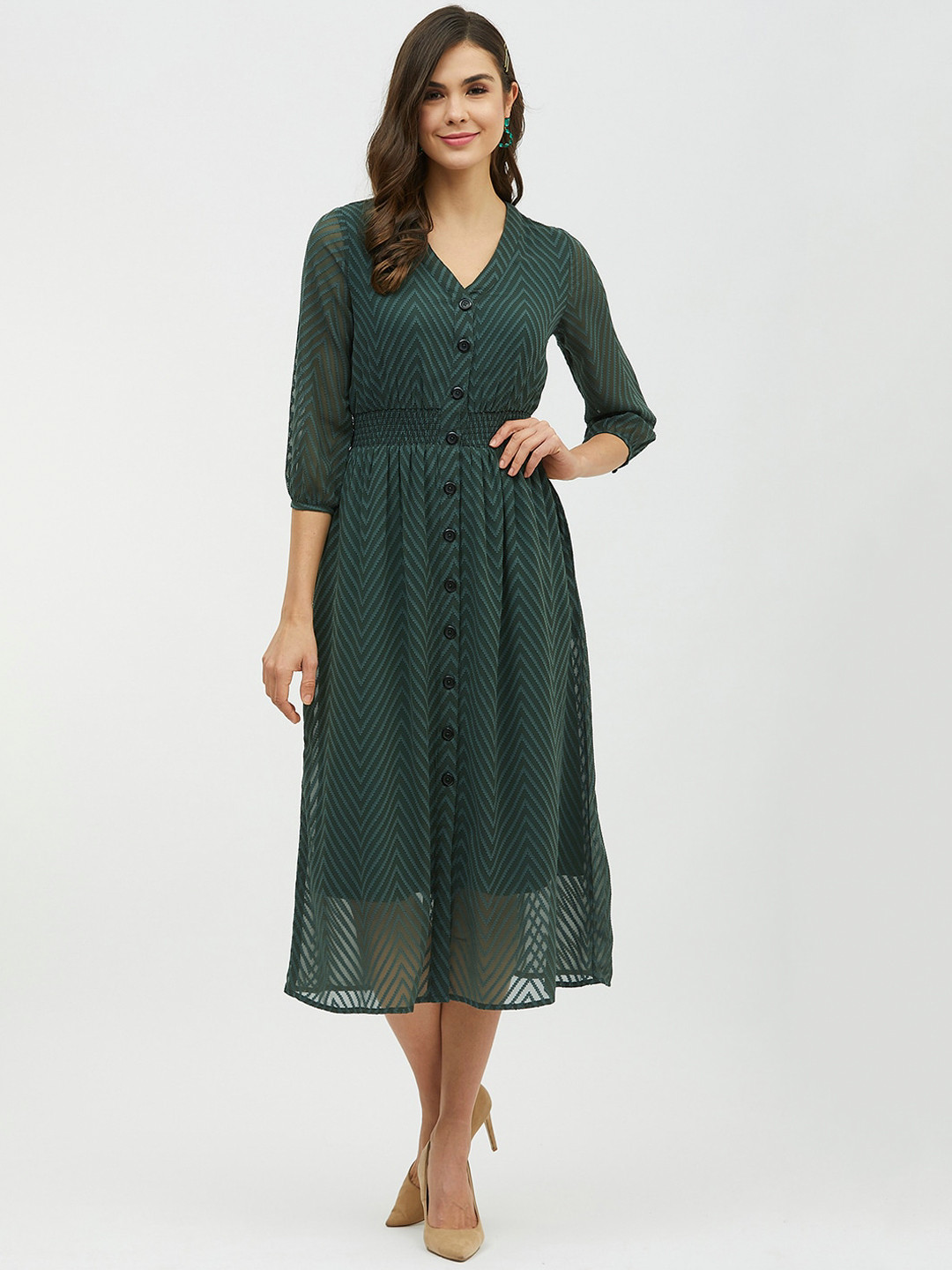 Harpa Women Green Self Design Fit and Flare Dress