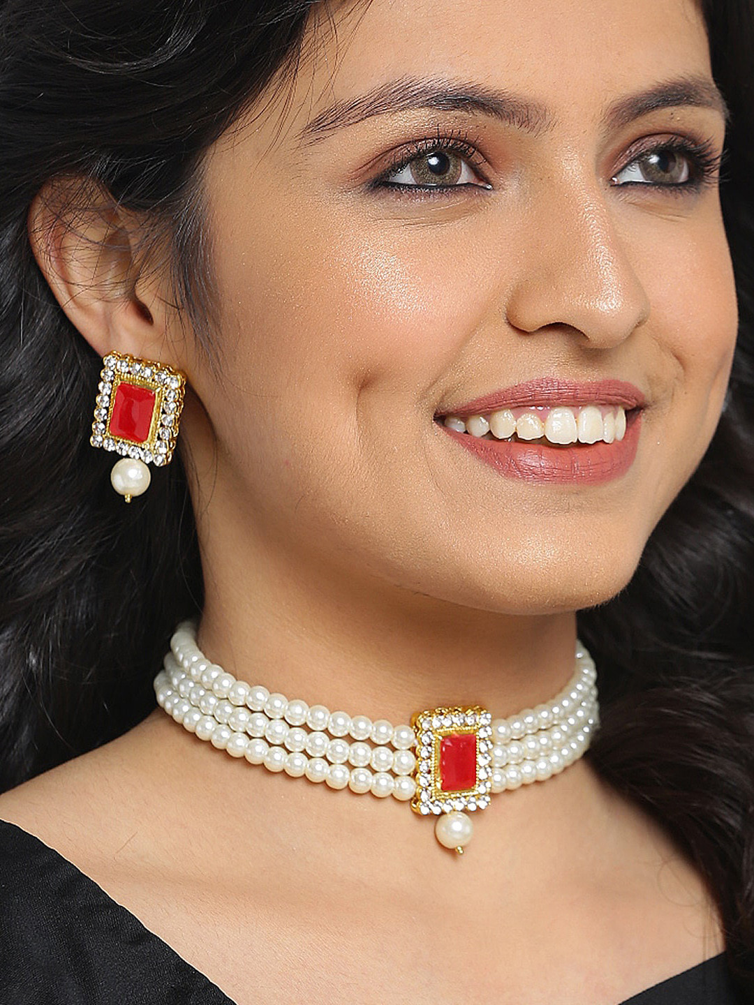 Shining Diva Red & White Stone Studded & Pearl Embellished Antique Jewellery Set