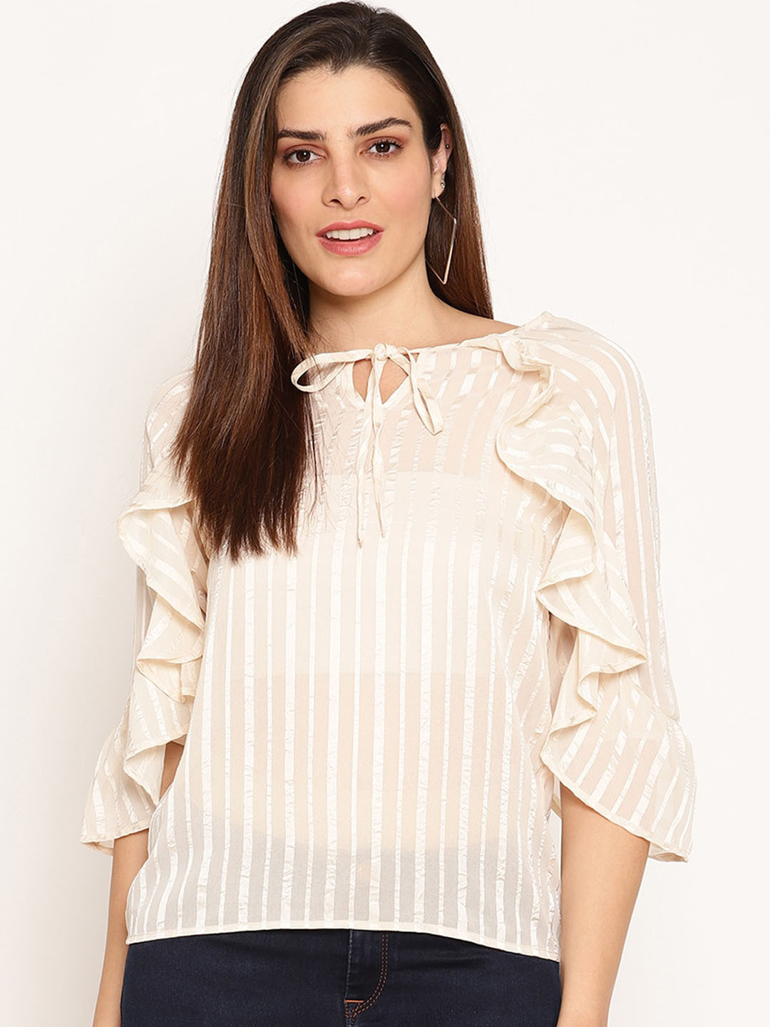 Ruhaans Cream-Coloured Striped Tie-Up Neck Ruffles Chiffon Top