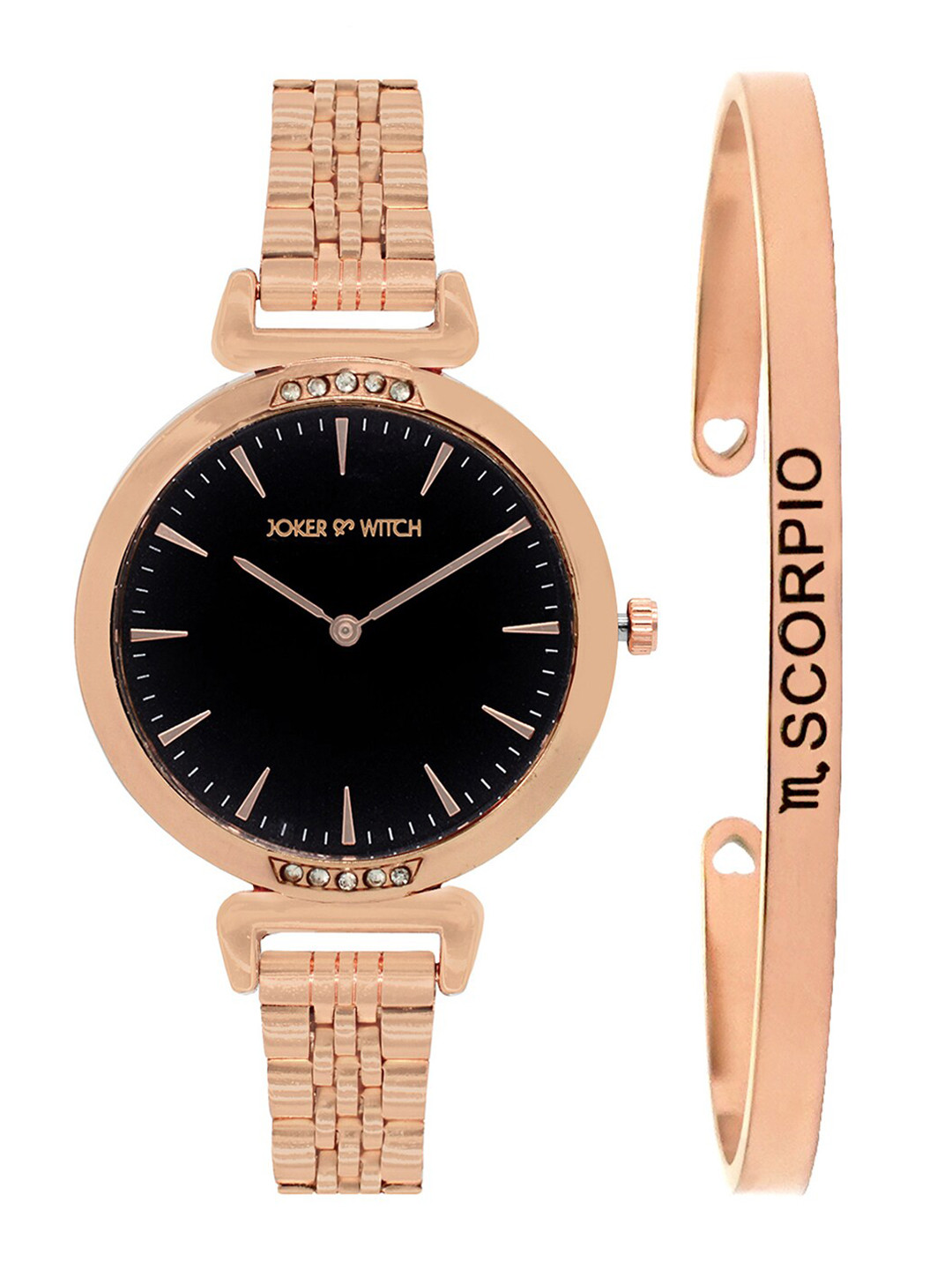 JOKER & WITCH Women Black & Rose Gold-Toned Petite Scorpio Watch Bracelet Stack JWBS317