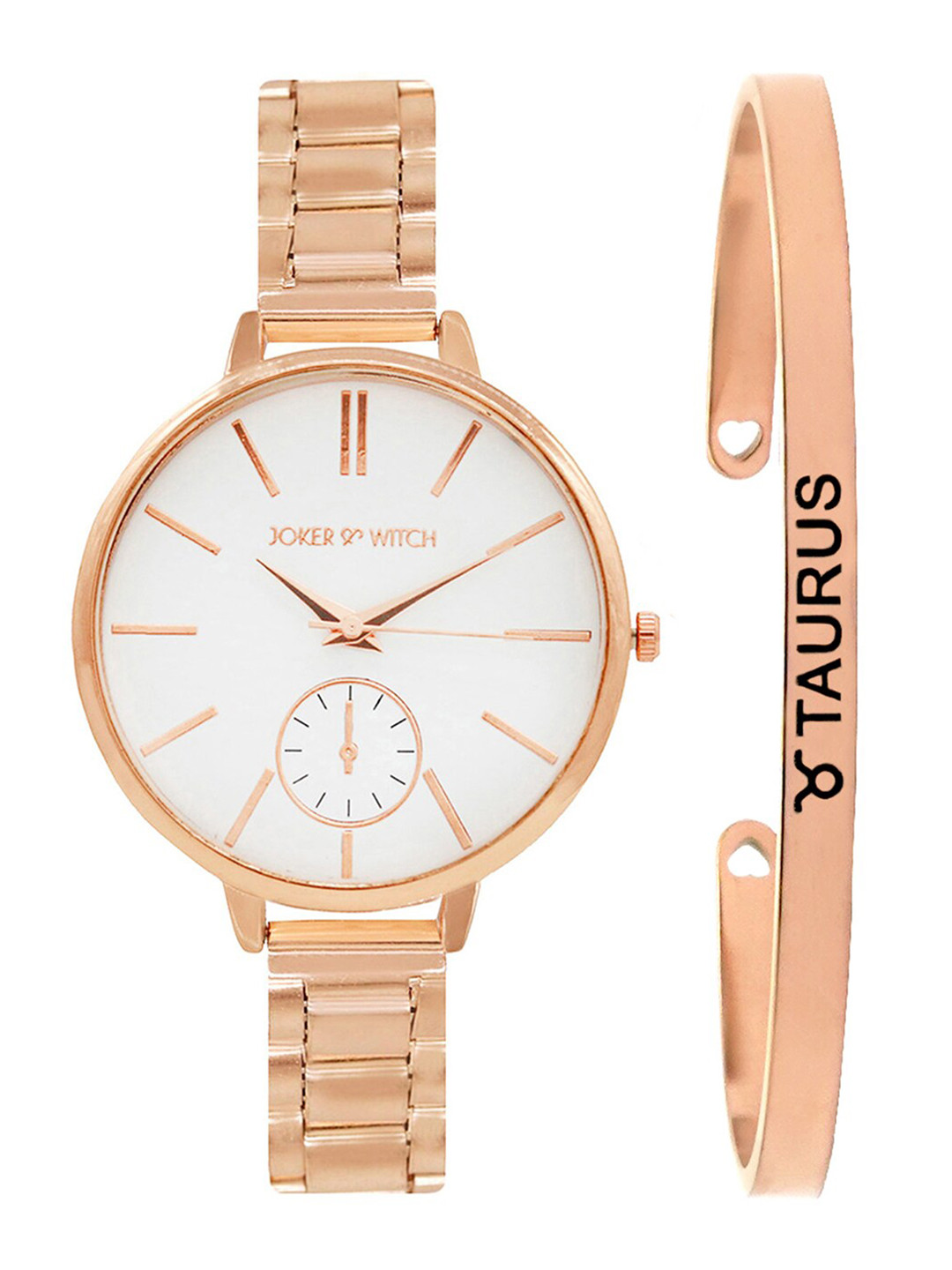 JOKER & WITCH Women White & Rose Gold-Toned Sleek Taurus Watch Bracelet Stack JWBS320