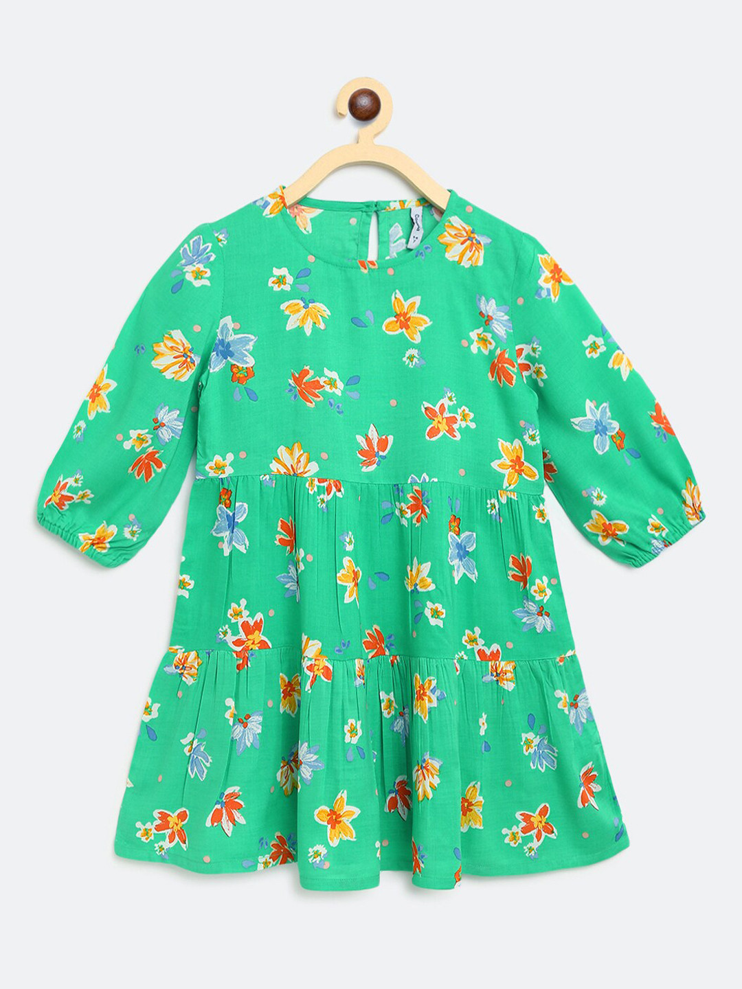 Campana Girls Long Sleeves Above Knee Length Empire Printed Viscose Rayon Dress