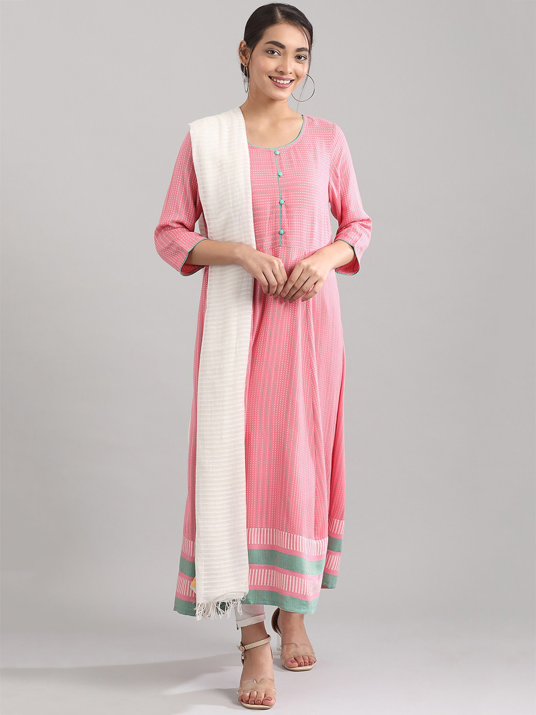 AURELIA Pink & White Striped Anarkali Kurta