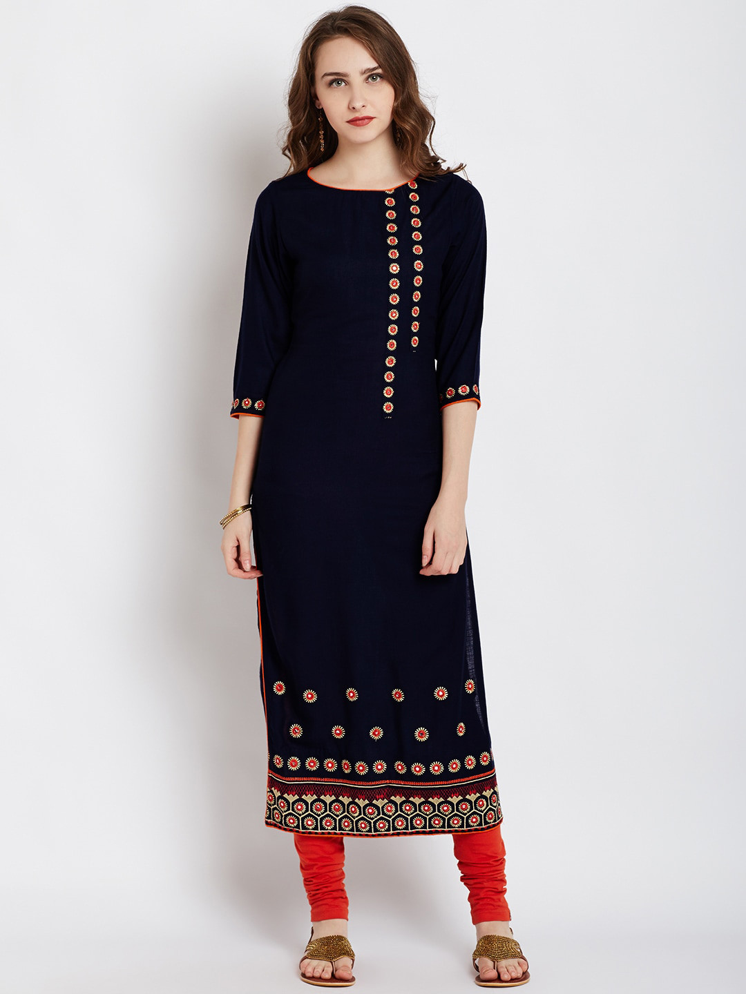 AgrohA Women Navy Blue Embroidered Kurta