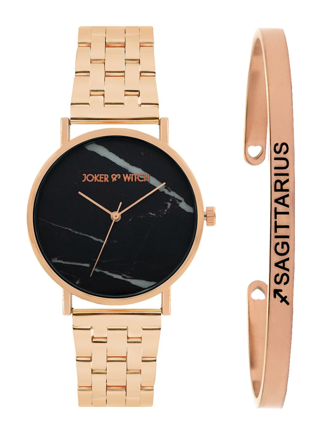 JOKER & WITCH Women Black & Rose Gold-Toned April Sagittarius Watch Bracelet Stack JWBS312