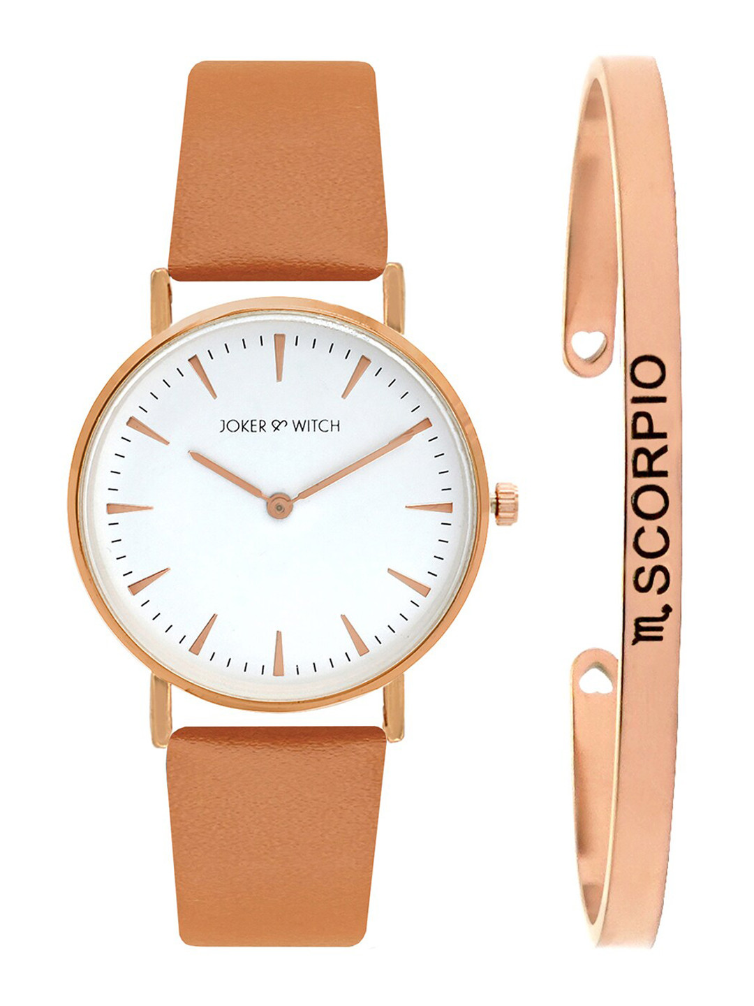 JOKER & WITCH Women White & Rose Gold-Toned Analogue Watch & Cuff Bracelet Gift Set JWBS318