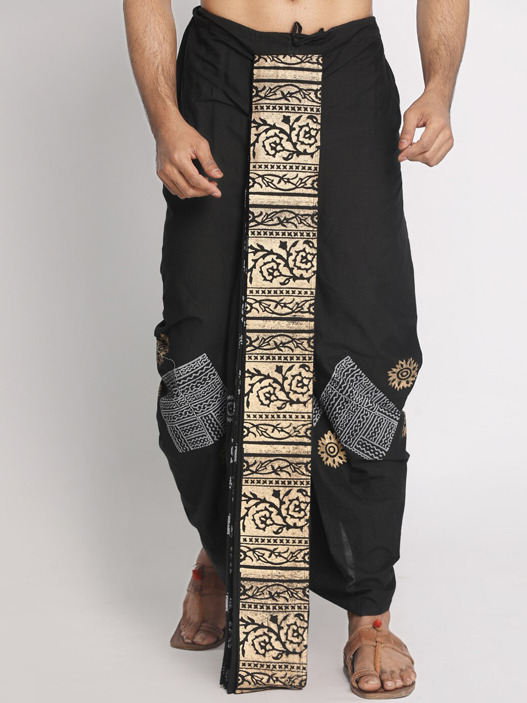 Nakshi Men Black & Gold-Colour Hand Block Printed Stitched Dhoti