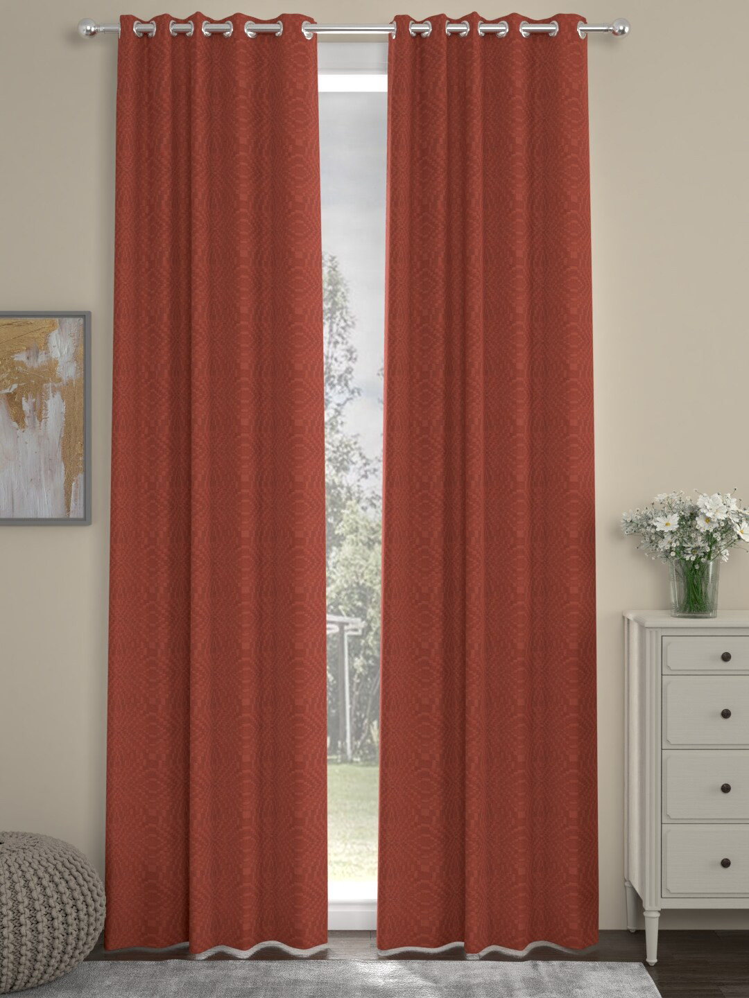 ROSARA HOME Rust Brown Set of 2 Jacquard Long Door Curtains