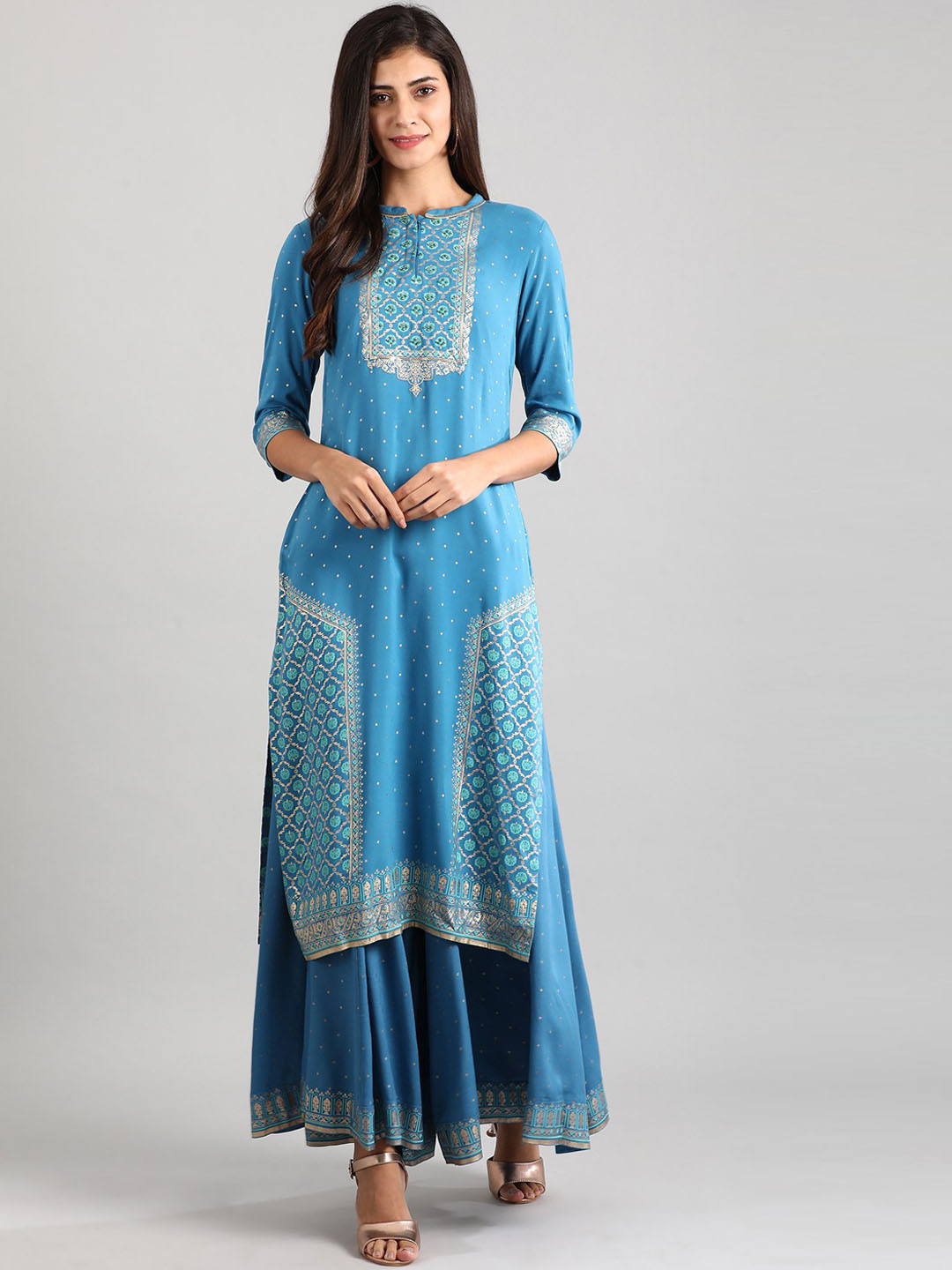 AURELIA Blue & Silver Floral Printed Kurta