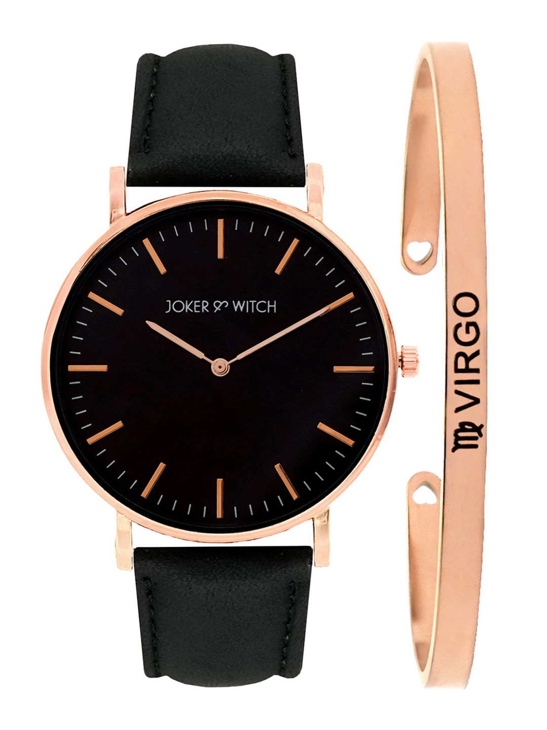 JOKER & WITCH Women Black & Rose Gold-Toned Amore Watch & Bracelet Gift Set JWBS324