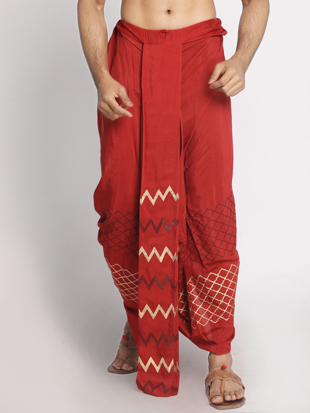 Nakshi Men Red & Gold-Coloured Hand Block Printed Stitched Dhoti