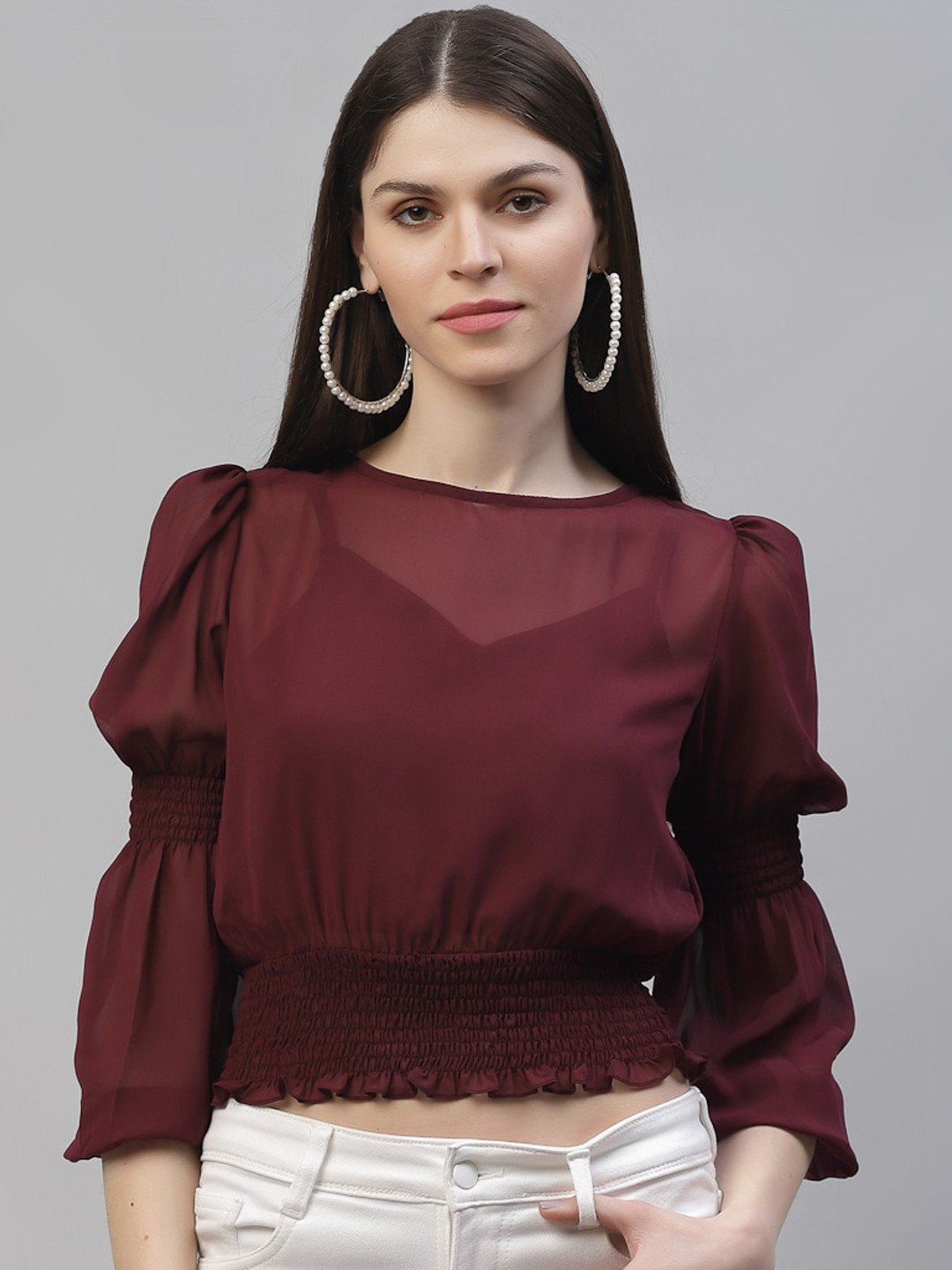 Athena Burgundy Puff Sleeves Georgette Blouson Top
