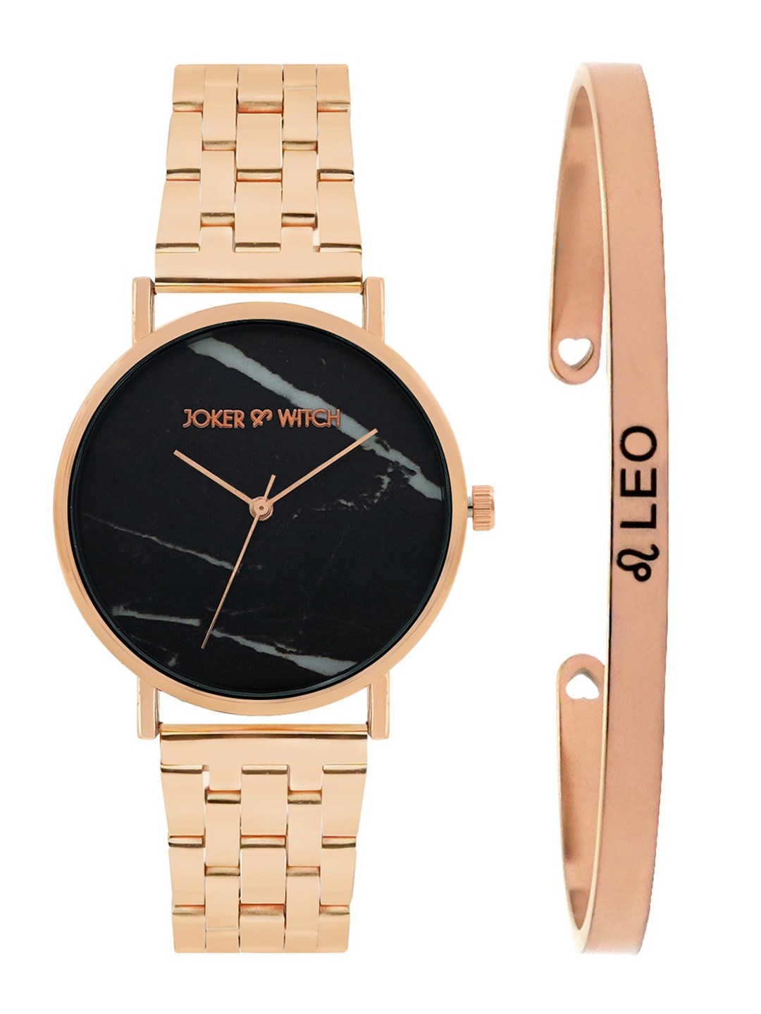 JOKER & WITCH Women Black & Rose Gold-Toned April Leo Watch Bracelet Stack JWBS295
