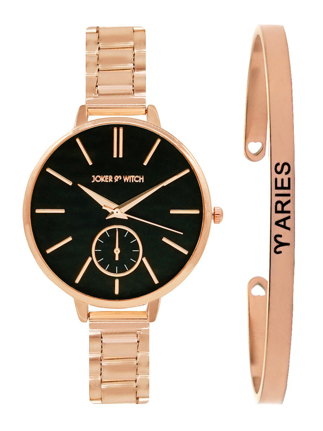 Joker & Witch Women Black & Rose Gold-toned Sleek Aries Watch Bracelet Stack