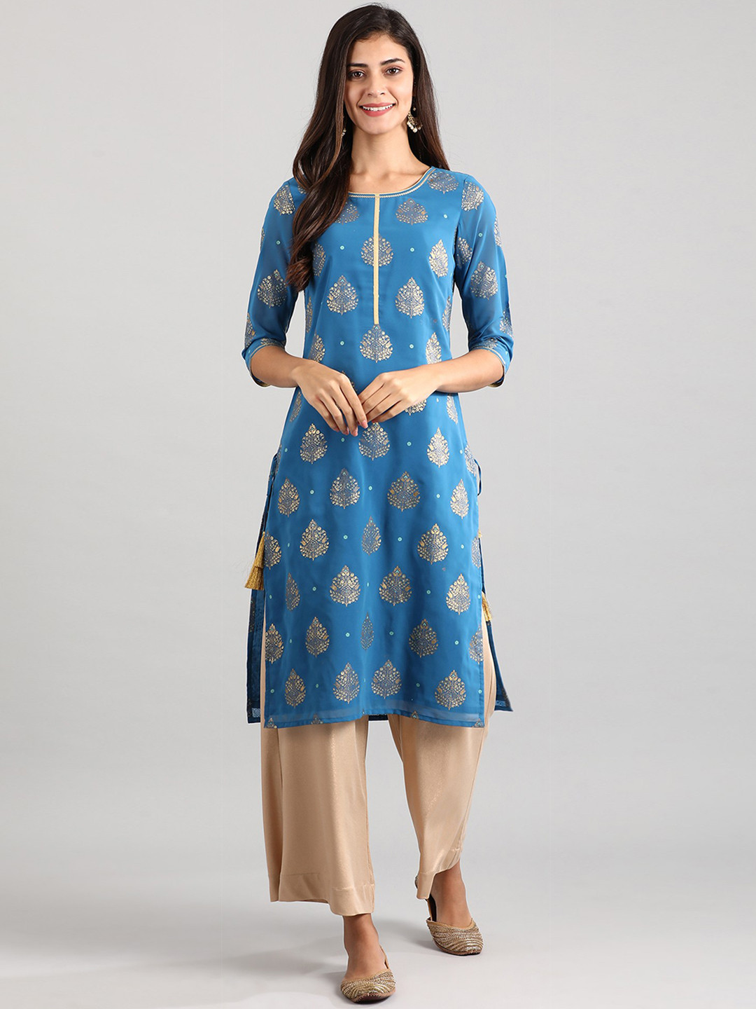 AURELIA Blue & Gold Floral Printed Kurta
