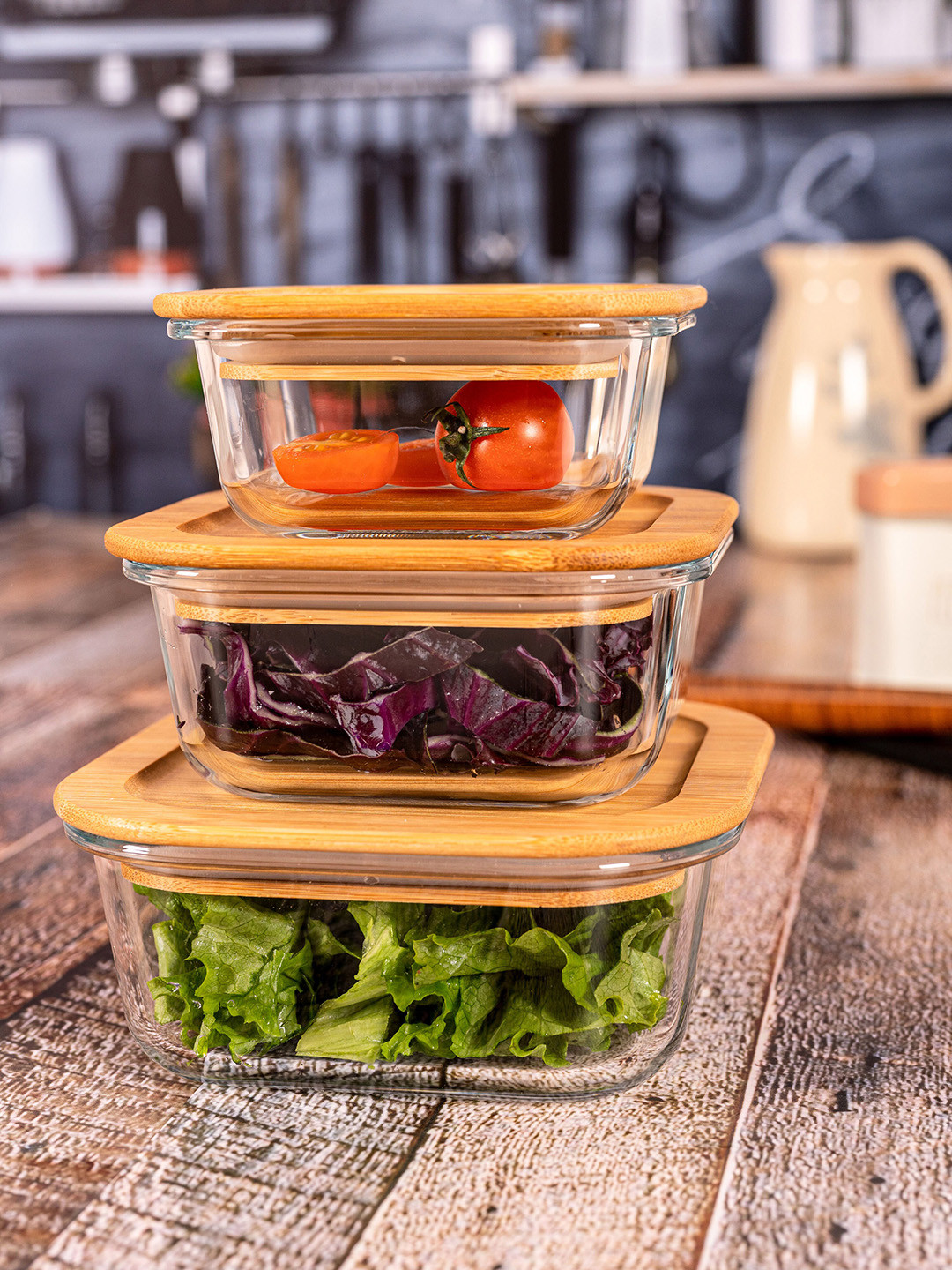 GOODHOMES Set of 3 Transparent & Brown Square Glass Storage Food Containers With Lid