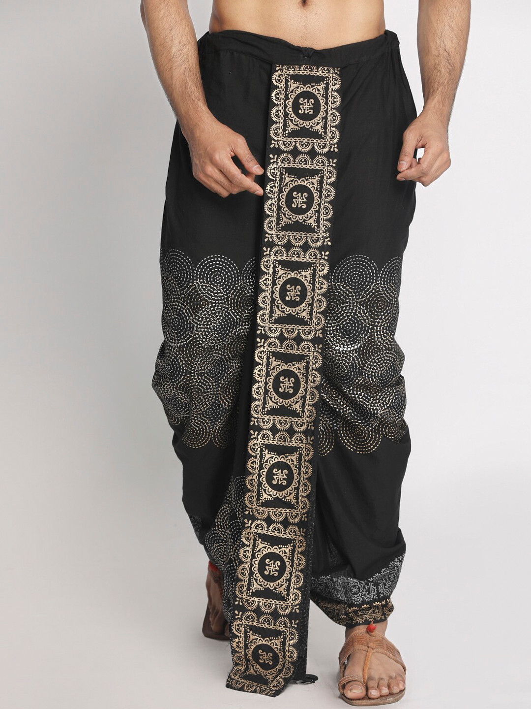 Nakshi Men Black & Gold-coloured Hand Block Printed Dhoti