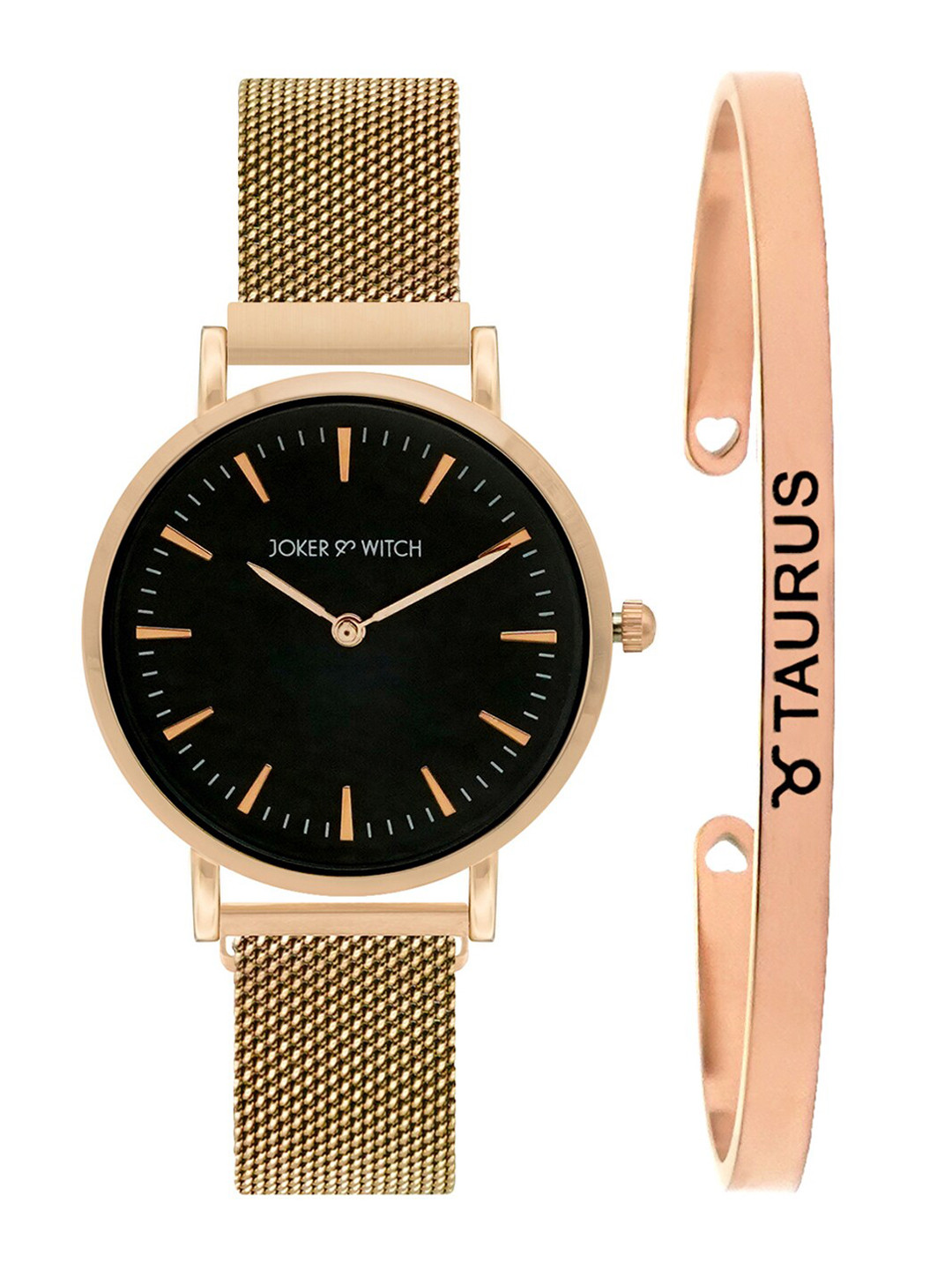 JOKER & WITCH Women Black & Rose Gold-Toned Amy Watch & Bracelet Gift Set JWBS319