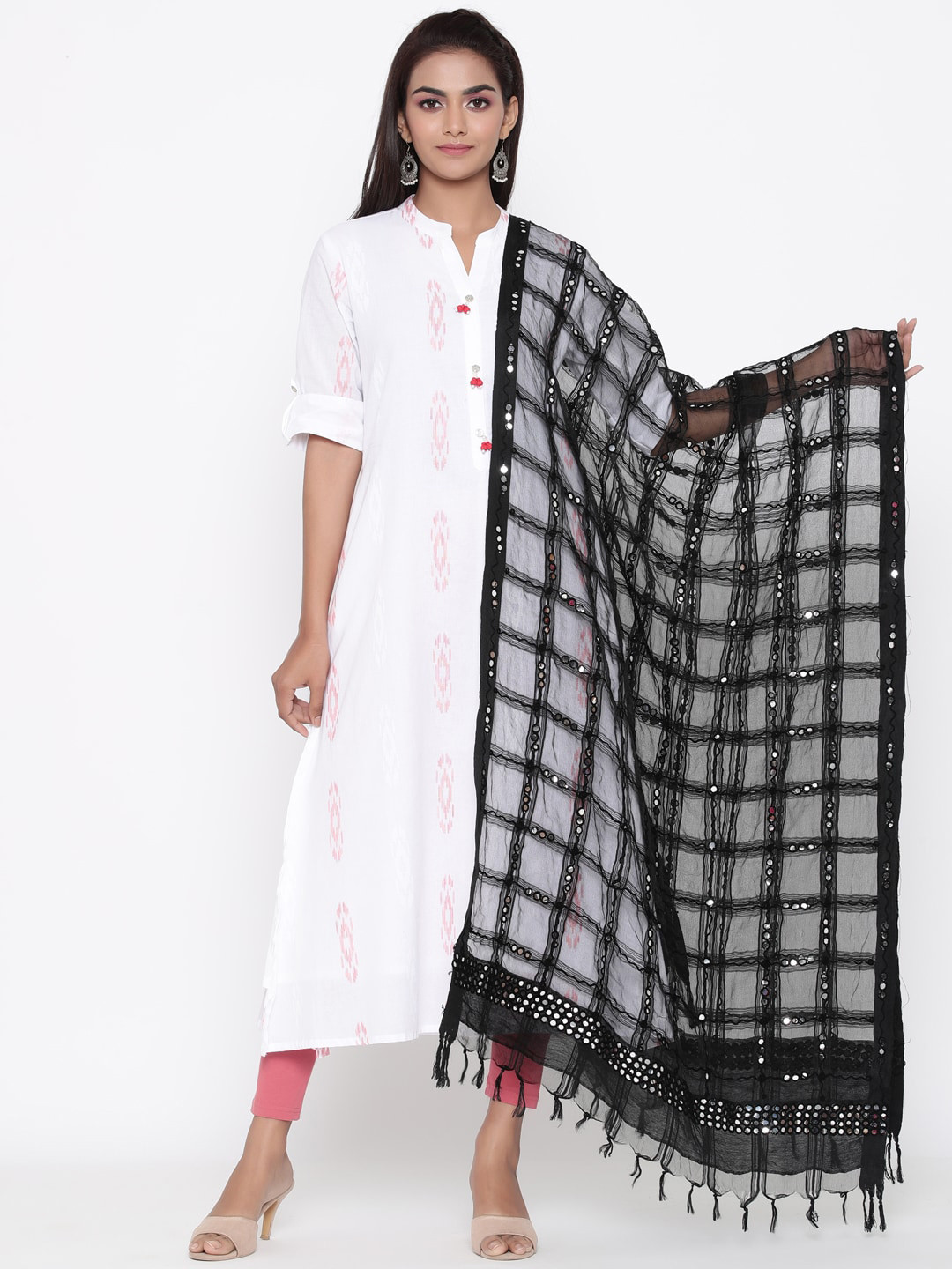 SOUNDARYA Black & Silver-Toned Embroidered Dupatta