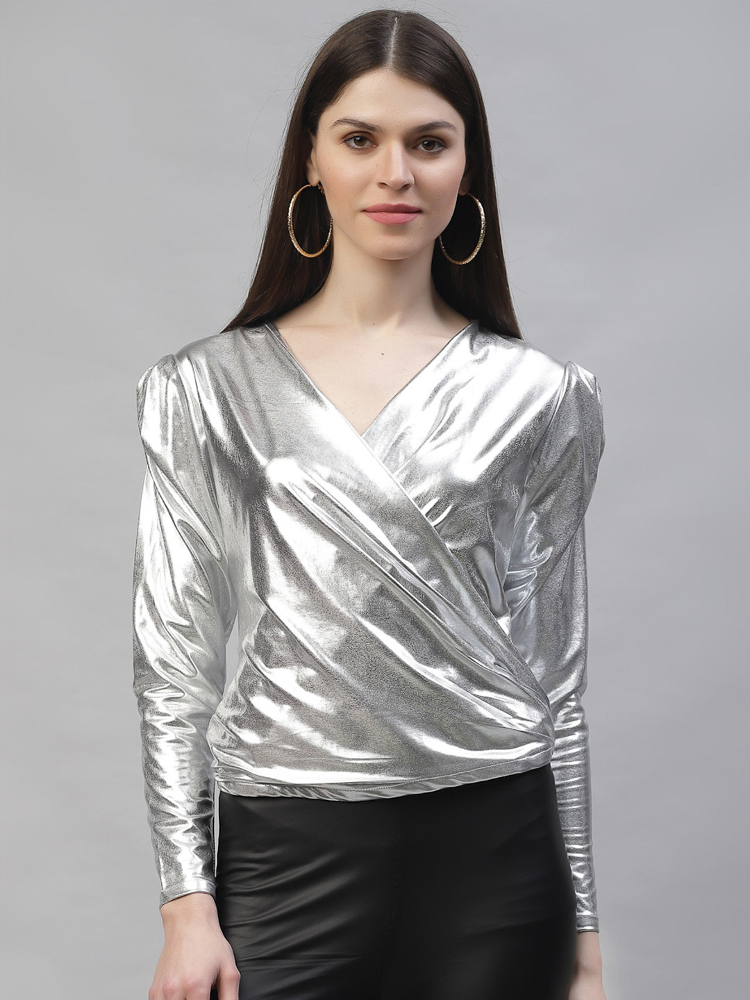 Athena Silver-Toned Puff Sleeves Sheen Wrap Top