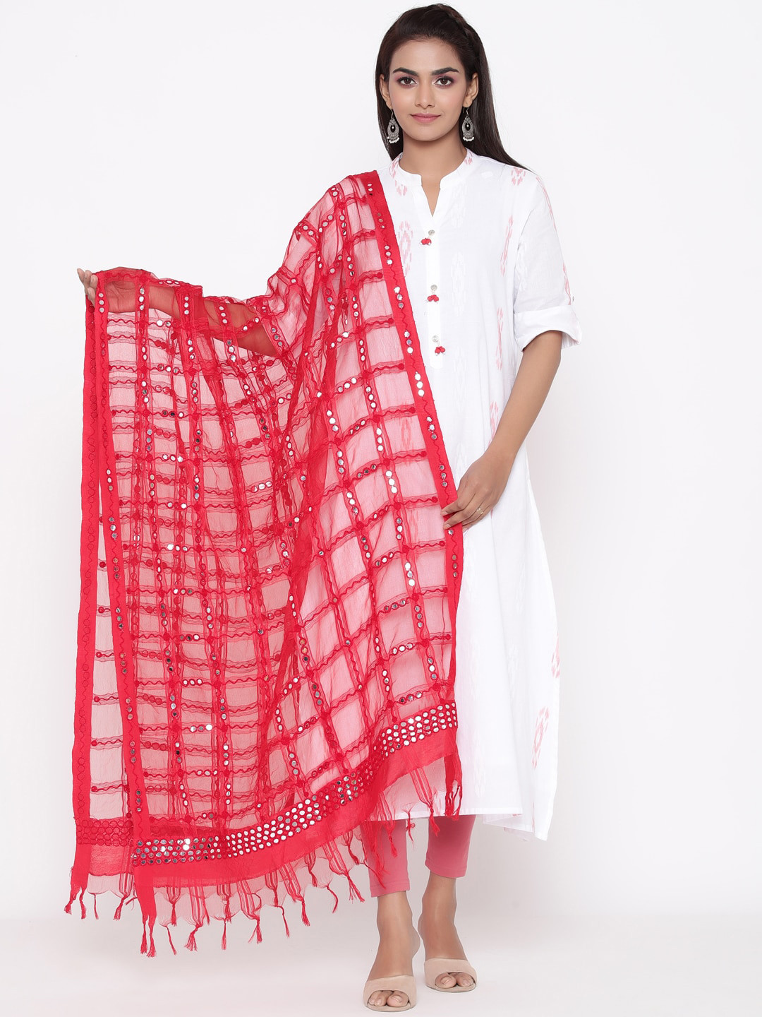 SOUNDARYA Red & Silver-Toned Embroidered Dupatta