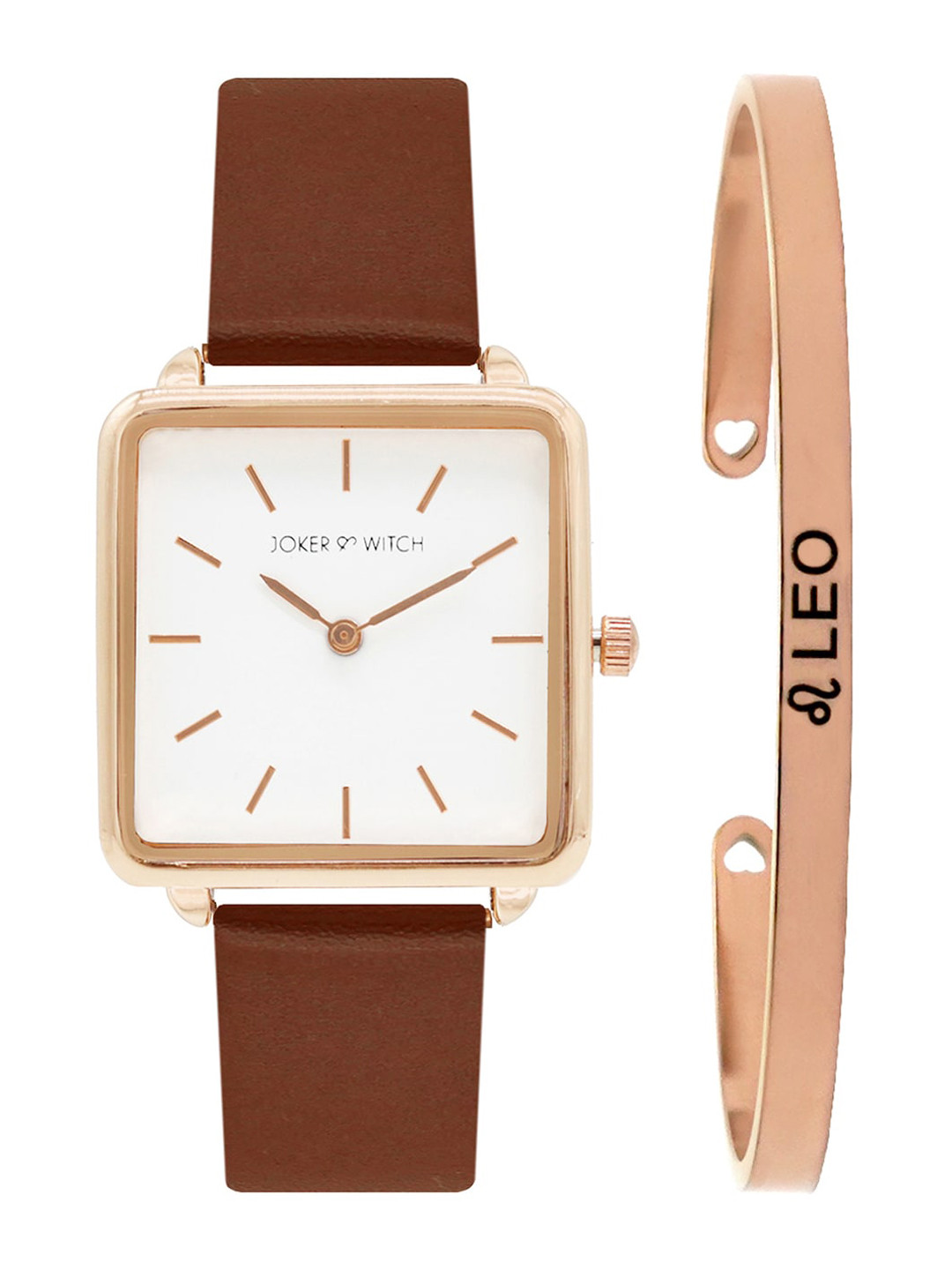 JOKER & WITCH Women Brown & Rose Gold-Toned Emily Leo Watch Bracelet Gift Set JWBS298