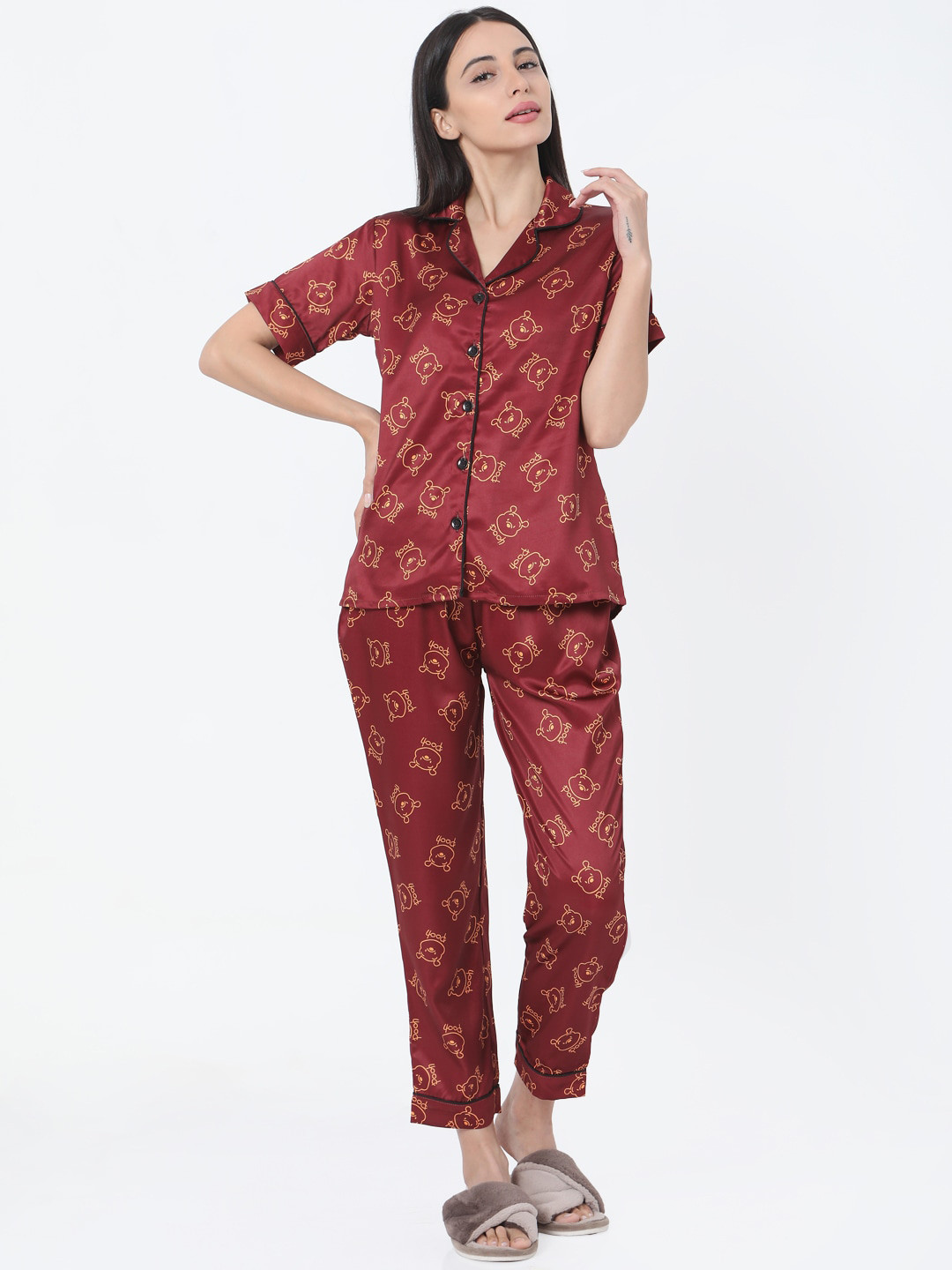Smarty Pants Women Maroon & Orange Printed Satin Night Suit