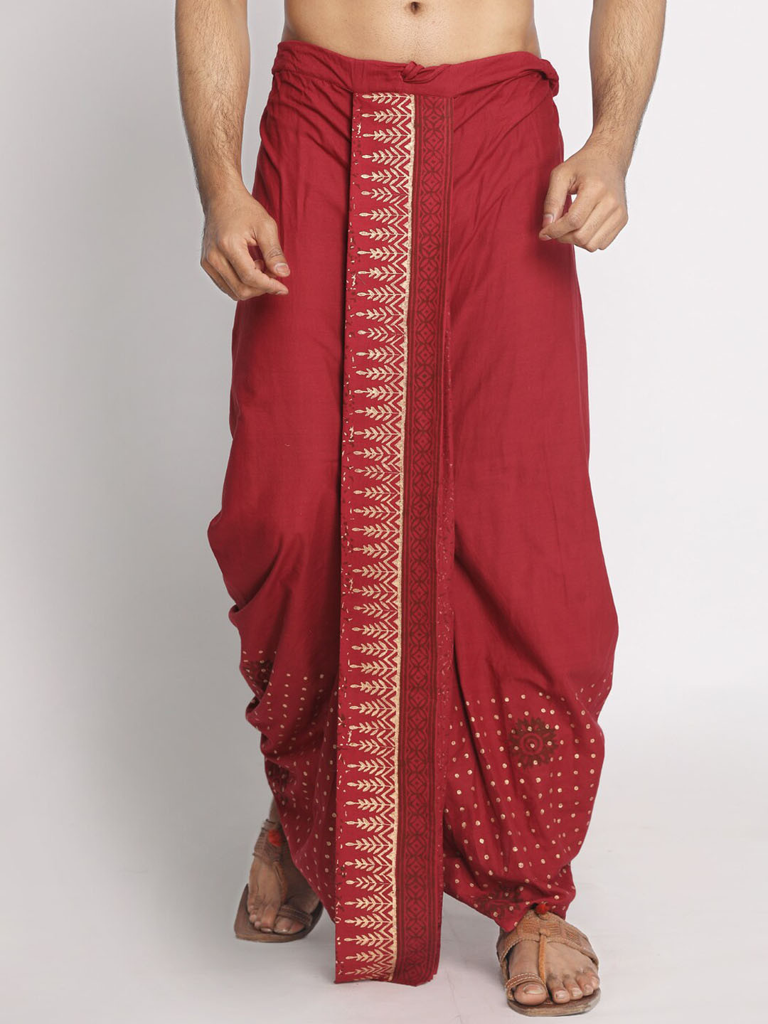 Nakshi Men Red & Gold Hand Block Printed Stitched Dhoti