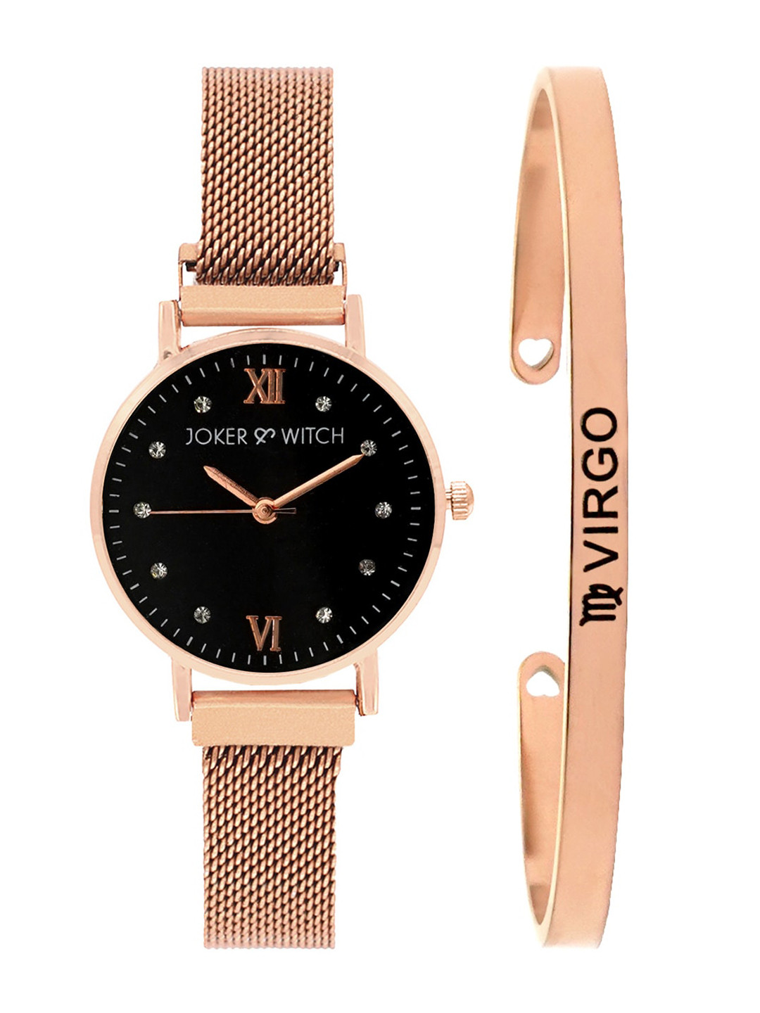 JOKER & WITCH Women Black & Rose Gold-Toned Lexi Virgo Watch & Bracelet Gift Set JWBS326