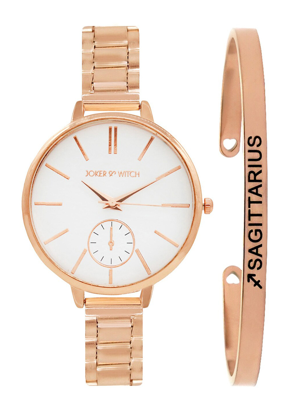 JOKER & WITCH Women White & Rose-Gold Toned Sleek Sagittarius Watch & Bracelet Gift Set JWBS313