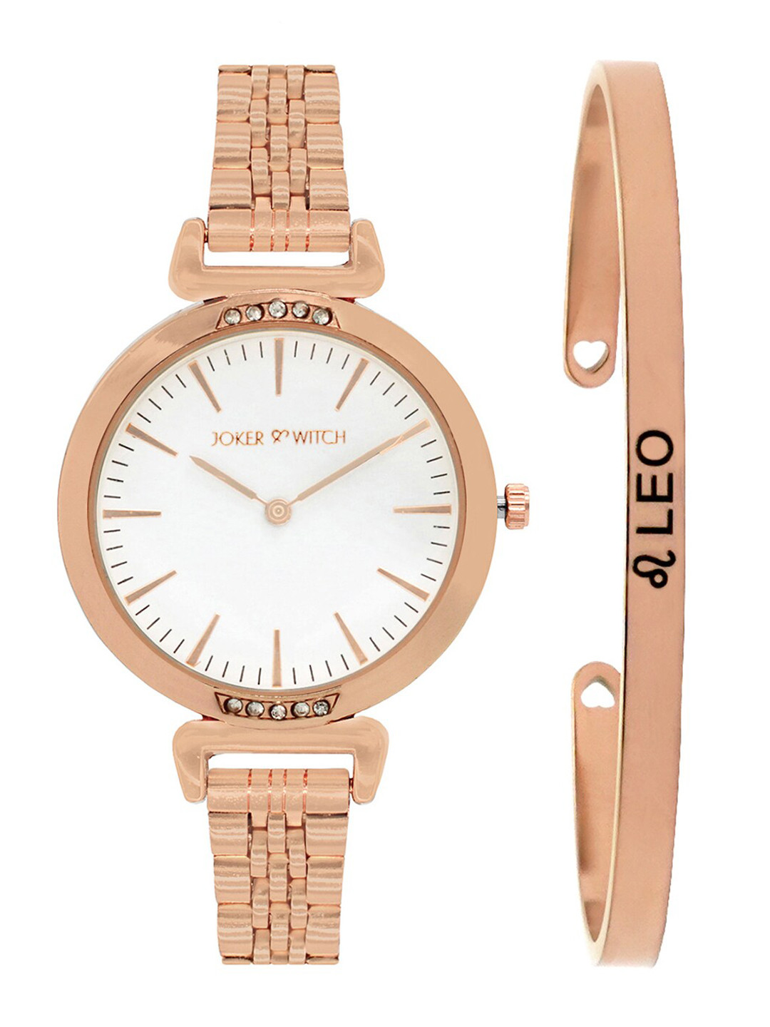 JOKER & WITCH Women White & Rose Gold-Toned Petite Leo Watch Bracelet Stack JWBS294