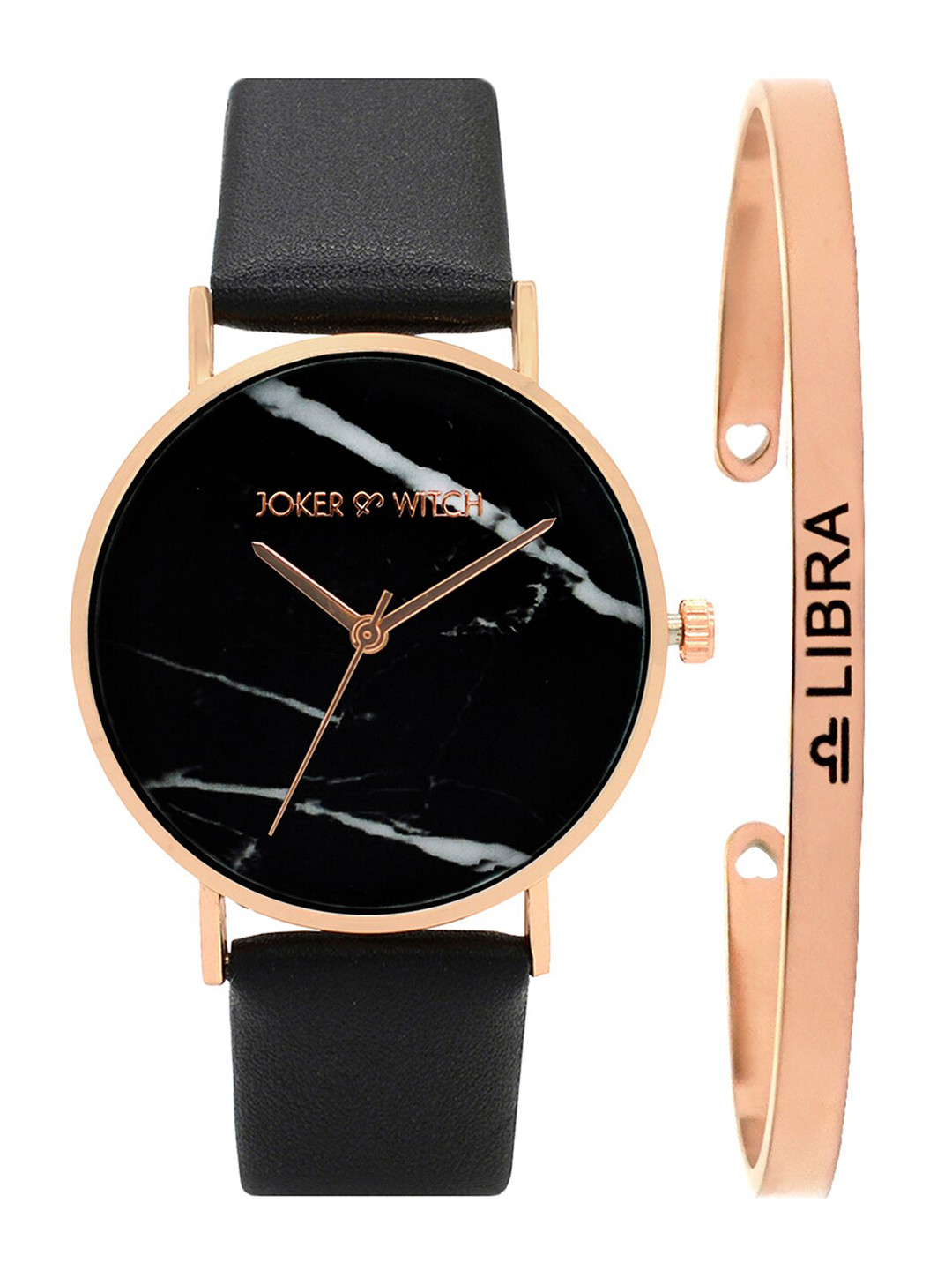 JOKER & WITCH Women Black & Rose Gold-Toned Hannah Libra Watch Bracelet Stack JWBS303