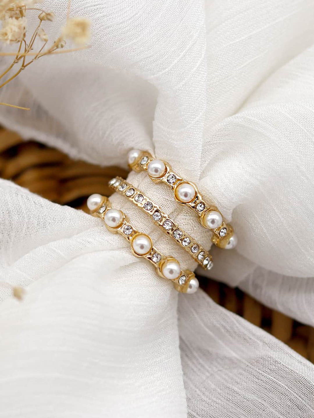 JOKER & WITCH Gold Plated White Pearl & Stone Studded Finger Ring