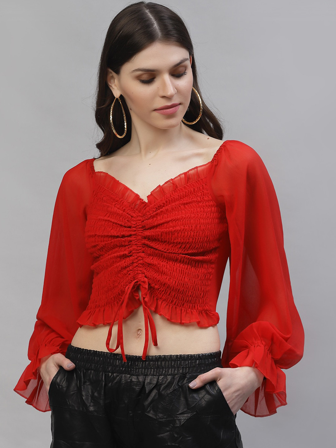 Athena Red Sweetheart Neck Puff Sleeves Georgette Crop Top